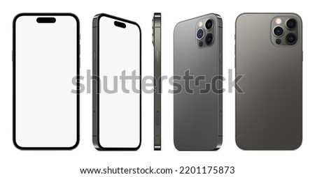 smartphone frameless grey color with blank screen saver front and backside view isolated on white background. mockup of realistic new mobile phone with shadow. vector 3d isometric illustration