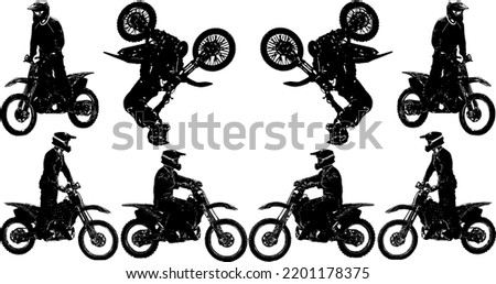 A selection of black and white vector images of motorcyclists performing extreme stunts in the discipline of motofreestyle