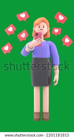 Green Screen Mock-up. Format 16:9.3D illustration of smiling businesswoman Ellen hold smartphone with like notifications flying around. 3D rendering on Green Screen for footage and clipping path.
