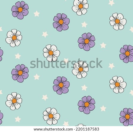 Abstract Daisy Flowers Stars Mix Seamless Pattern Trendy Fashion Colors Perfect for Allover Fabric Print or Wrapping Paper Pastel Blue Background