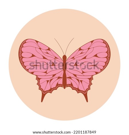 Retro sticker butterfly with vintage flowers inscribed in a circle shape in hippie style 1970