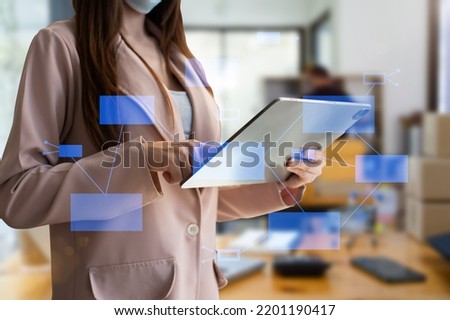 Digital marketing media in virtual icon globe shape business open his hand, working touch screen tablet. Royalty-Free Stock Photo #2201190417
