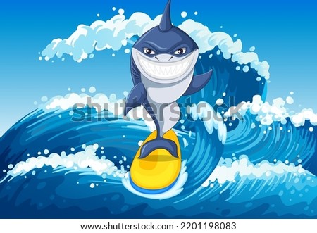 Cute shark surfing cartoon ocean scene illustration