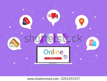 online shop on website online shopping concept notebook business marketing design vector illustration