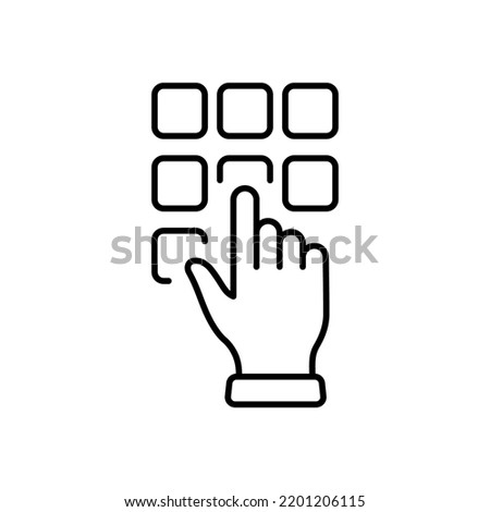 Hand Enter Password on Dial Keypad Line Icon. Security Bank Key Number on ATM Button Linear Pictogram. Finger Entry Pin Code on Keyboard Outline Icon. Editable Stroke. Isolated Vector Illustration. Royalty-Free Stock Photo #2201206115