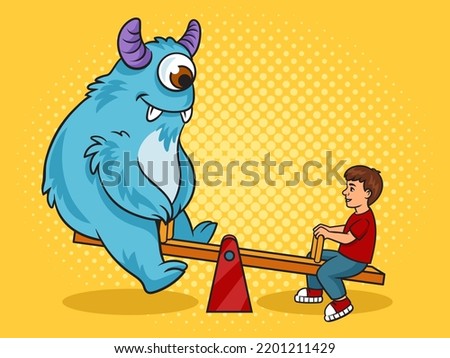 Child rides plays on seesaw with cute cartoon monster pinup pop art retro raster illustration. Comic book style imitation.