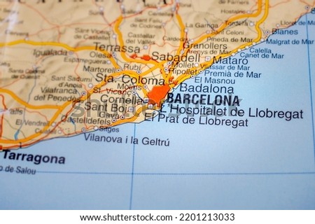 Barcelona marked on a map of Spain.