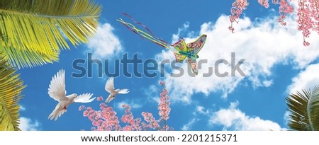 green tree leaves and sunny sky. stretch ceiling decoration picture.