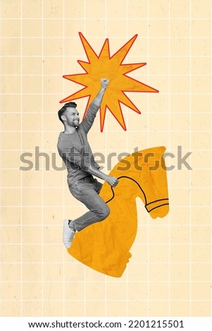 Vertical collage picture of excited cheerful guy black white colors ride painted chess horse isolated on creative background