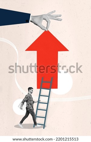 Vertical collage portrait of huge human arm hold arrow up little guy climb ladder isolated on drawing background