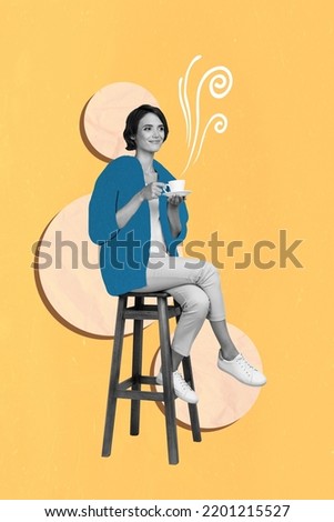 Vertical collage photo of nice lovely gorgeous girl sitting on chair drinking coffee on weekend isolated on beige color background