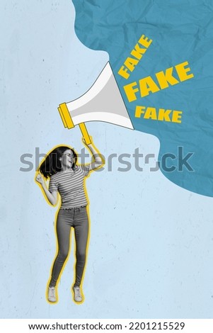 Creative collage banner template of lady spreading fake information with bullhorn isolated on blue color background