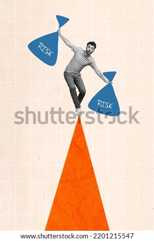 Vertical collage picture of guy black white gamma arms hold two bags walking drawing rope line isolated on painted background