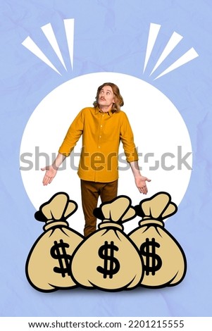 Collage photo of young funny guy staying look curious lucky winner lottery much money bags isolated on painted background