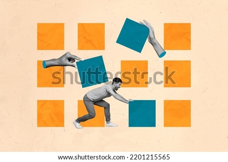 Composite collage illustration of two big human arms black white colors help small guy move blocks isolated on painted background