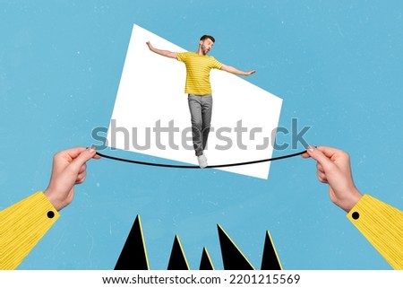 Composite collage illustration of human arms fingers hold rope small guy walking keep balance isolated on drawing background