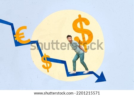 Collage photo of young handsome guy wear green style clothes staying holding graphic euro dollar money arrow down economics isolated on grey color background