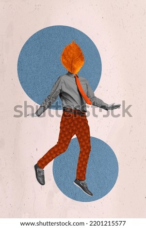 Vertical collage illustration of flying person black white effect leaf instead head isolated on painted background