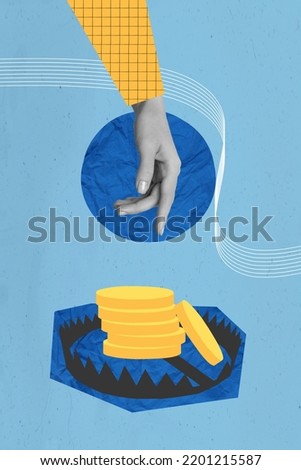 Vertical collage picture of human arm black white effect pile stack coins bear trap isolated on drawing background