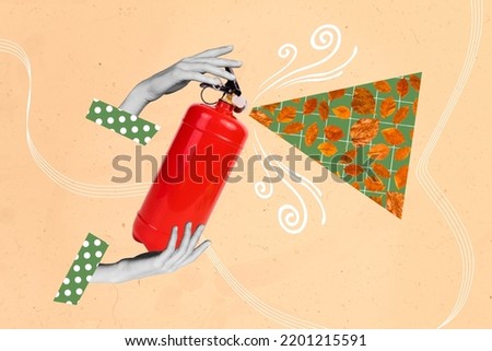 Creative magazine collage of firefighter arms using extinguisher with colorful fall leaves isolated on pastel background