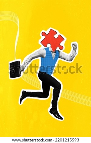 Vertical collage illustration of running person puzzle piece instead head hold briefcase isolated on painted yellow background