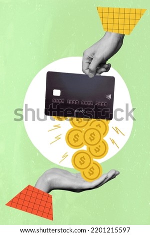 Poster collage of two people buyers paying money from debit card receive bonus isolated on pastel color background