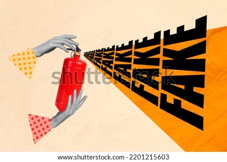 Creative photo abstract template graphics collage of black white arms holding red spray can fake news isolate on beige color background