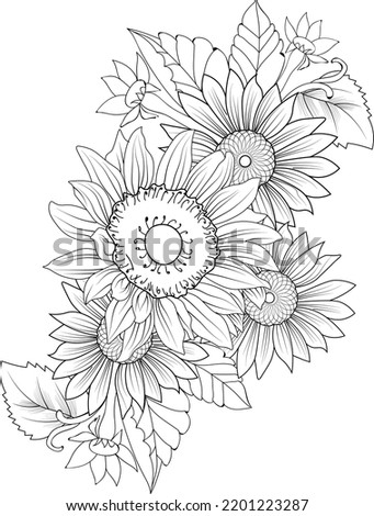 bouquet of sunflower hand drawn botanical leaf branch collection vector sketch ink art, floral coloring book for adult, isolated on white background clip art.
