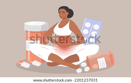 vector illustration in a flat style on the theme of menstrual pain. girl sits holding her lower abdomen. pills next to her Royalty-Free Stock Photo #2201237031