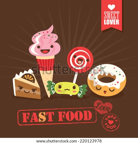 Kawaii fast food sweets candy cartoon characters vector illustration