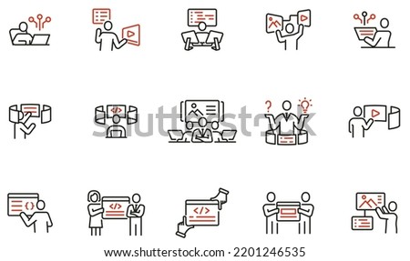 Vector set of linear icons related to engineering development, script coding and programming in javascript and python. IT specialist. Mono line pictograms and infographics design elements