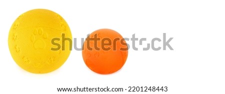 Dog toy balls isolated on white background. Place for your text. Wide photo.