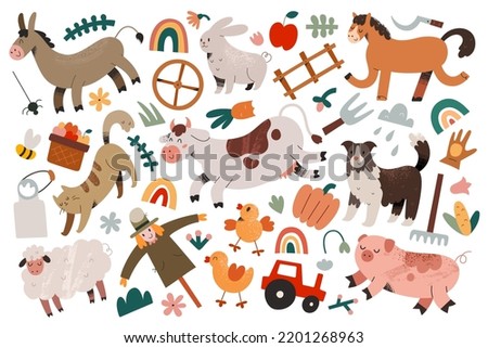 Farmhouse animals collection, farm animals, smiling horse, cute sheep, funny piggy and dancing cow, adorable cartoon characters, hand drawn vector clip arts, isolated vector illustrations