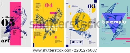 Birds. Set of vector posters with birds. Engraving illustrations and typography. Background images for cover, banner, poster. T-shirt print. Royalty-Free Stock Photo #2201276087