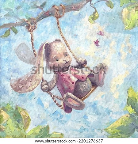 A cute bunny rides on a swing, on a tree. Art poster for the nursery on a blue background. Oil painting, canvas for kids. Rabbit in a pink dress, butterflies fly around
