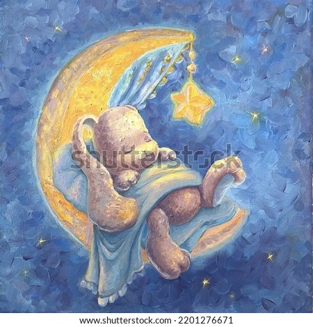 A cute bunny sleeps in a cradle on the moon, around a star. Artistic poster for a nursery on a blue background. Oil kids painting, canvas for children. Gentle rabbit baby under the blanket