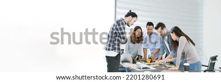 Banner diversity business people brainstorming meeting in conference room. Panorama multiracial businesspeople meeting discuss team partner. Happy asian caucasian team in meeting room with copy space