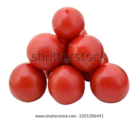 A group of ripe, juicy tomatoes stacked in three rows in a prism, the photo has good detail and color reproduction