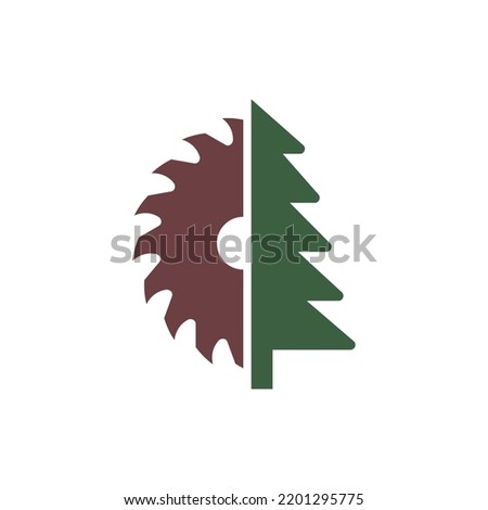 Circular saw blade and conifer tree. Vector logo. Isolated illustration on white background.