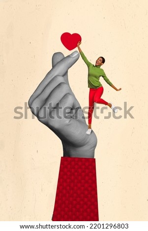 Vertical collage image of big human arm black white colors demonstrate korean love gesture small girl touch heart isolated on creative background