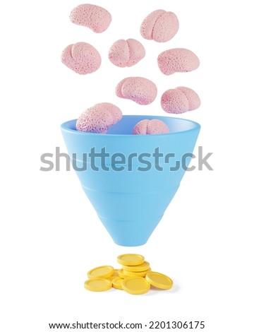 Many smart workers bring money. Brains fall into the sales funnel as a symbol of smart workers with ideas that bring coins as a symbol of profit. isolated on white background. 3d render.