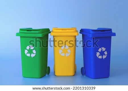 Recycling Garbage Bins. Waste Sorting Concept. Flat lay. Collection of colorful separation recycle bins. Container for sorting waste. Waste types segregation recycling