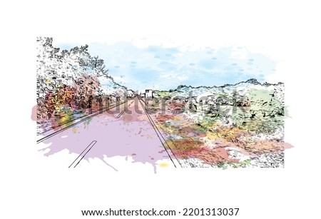 Building view with landmark of Opatija is the 
town in Croatia. Watercolor splash with hand drawn sketch illustration in vector.