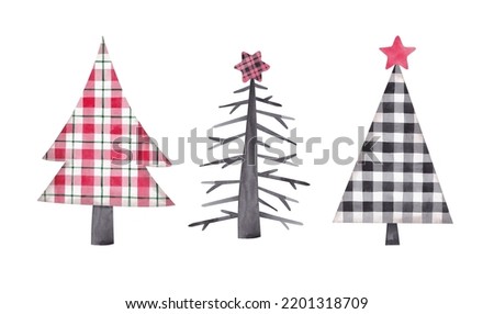 Christmas trees set hand drawn by watercolour. Christmas trees decorated with Buffalo pattern. Isolated on white background. Christmas, New Year design for designing cards, banners, digital paper
