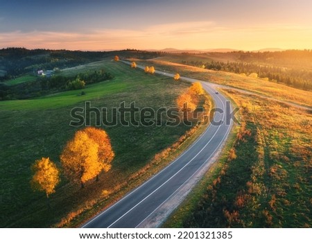 Aerial view of road, hills, green meadows and colorful trees at sunset in autumn. Top view of mountain rural road, golden sky. Beautiful landscape with roadway, grass, orange trees in fall. Highway Royalty-Free Stock Photo #2201321385