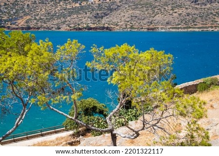 Turquoise blue sea panoramic view with a mountain in the background. High quality photo