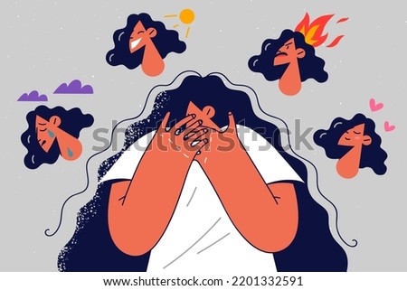Stressed young woman suffer from mood swings having bipolar disorder. Unhappy girl struggle with mental psychological problems. Vector illustration.  Royalty-Free Stock Photo #2201332591