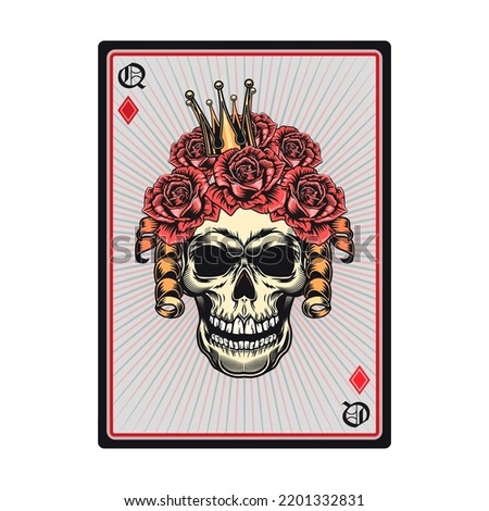Playing poker cards with skull. Queens, jokers, ace of all suits. Vector illustrations collection for gambling, poker club, online game concept