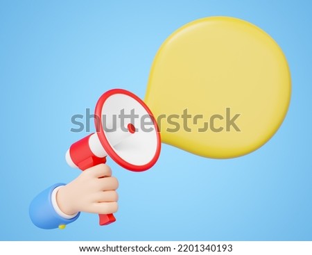 3D Hand holding white red megaphone with yellow copy space speech balloon or comment bubble float isolated on blue background. Sale promotion banner. Business cartoon minimal. 3d render. Clipping path