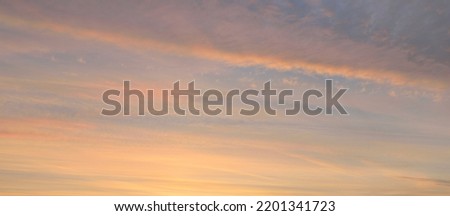 Clear blue sky with glowing pink and golden cirrus and cumulus clouds. Sunrise. Dramatic cloudscape. Concept art, meteorology, heaven, hope, peace, graphic resources, picturesque panoramic scenery